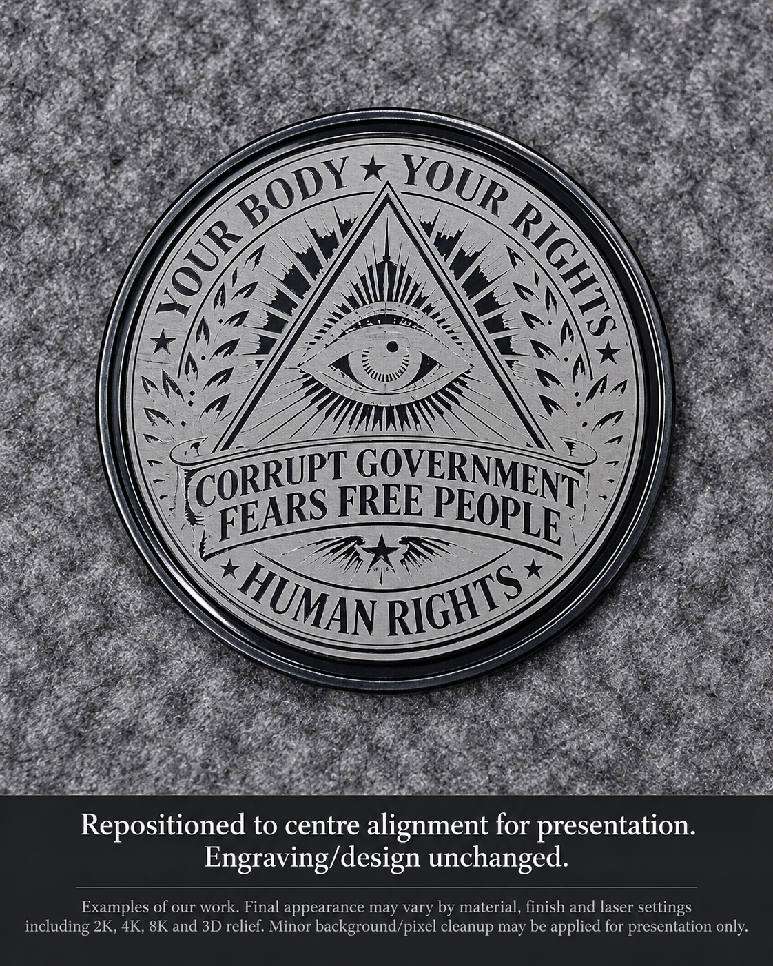 Human Rights - Black Anodized Aluminium Coin - Eye motif and human-rights wording.